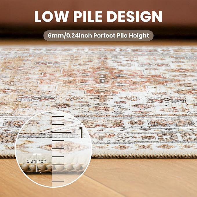 zesthome 8ft Round Rugs for Living Room, Non-Slip Washable Round Area Rugs, Ultra-Thin Large Circle Rugs, Soft Low Pile Rug for Bedroom, Kitchen - Vintage Stain Resistant Round Rug (Orange,8'x8')