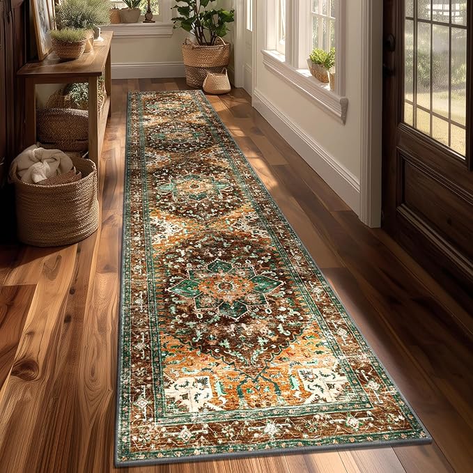 Yamaziot Washable Runner Rug, 2x10 Non-Slip Boho Vintage Hallway Rug Runner with Rubber Backing, Stain Resistant Distressed Carpet Runner for Bedroom, Kitchen, Laundry, Entrance