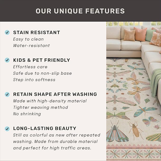 Insect Print 8ft Long Hallway Runner Rug - Light Green Rug for Kitchen Floor, 2'6''x8' Entryway Runner Rug, Washable Non Slip with Rubber Backing, Cool Butterfly Indoor Decor