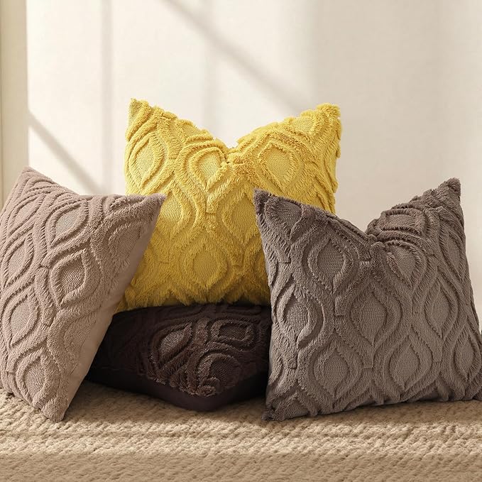 decorUhome Throw Pillow Covers 18x18 Inch Set of 2, Soft Plush Faux Wool Brown Solid Couch Pillow Covers, Accent Farmhouse Neutral Square Pillow Cases for Sofa Bed Living Room