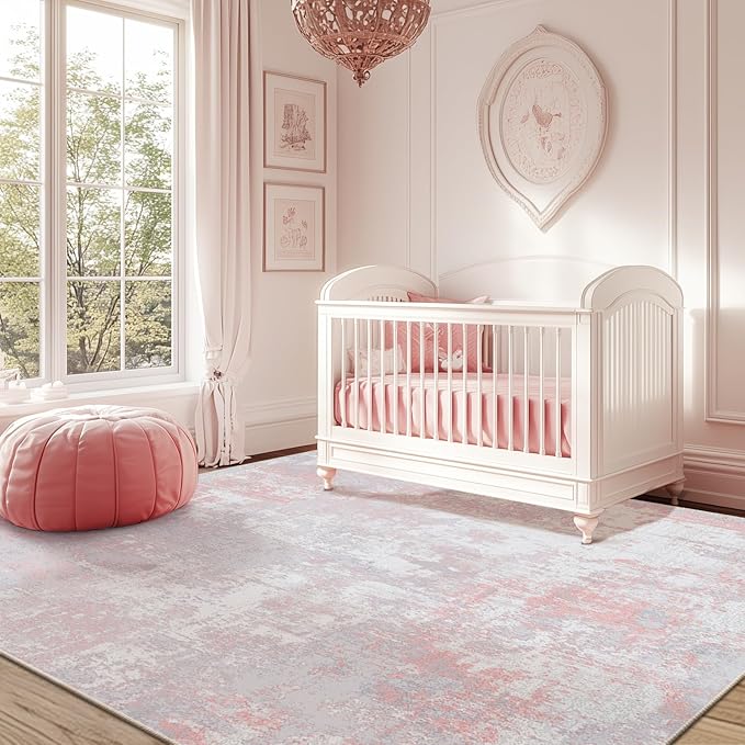 Washable Area Rugs 6'x9' Non-Slip Modern Abstract Soft for Living Room Entryway Bedroom Nursery, Print Pattern, Grey Pink