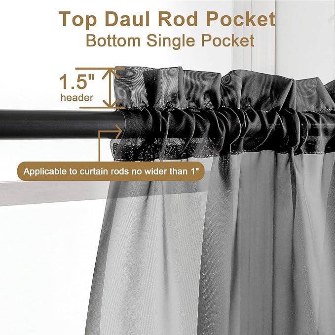 Chyhomenyc 2 Panels Extra Long Sheer Window Curtains 120 Inches Length, Elegant Window Voile Panels/Drapes/Scarf/Treatment/Backdrop for Living Room Wedding Party Home Decor (42W x 120L inches, Black)