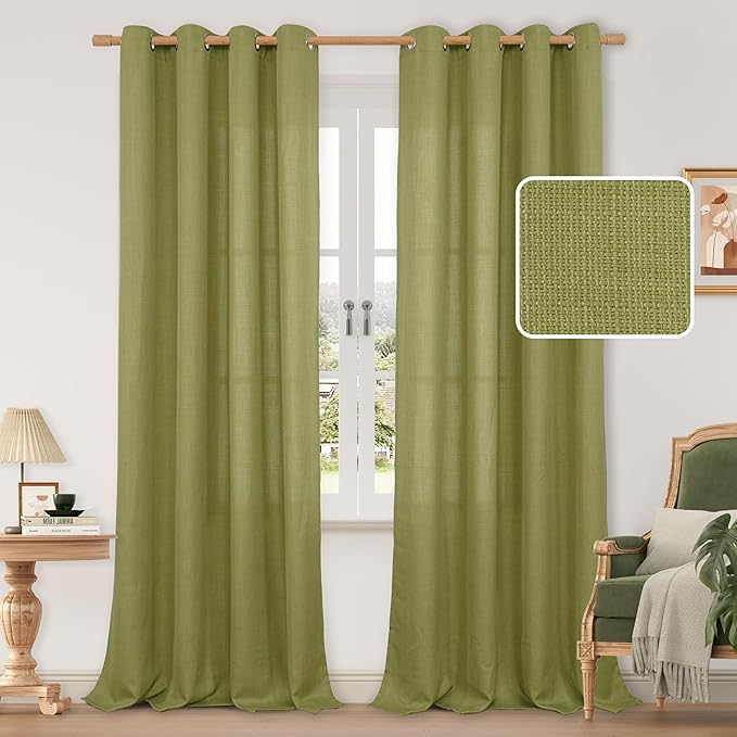 LAMIT Natural Faux Linen Curtains for Bedroom, Light Filtering Panels, Grommet Privacy Protected Linen Curtains for Small Window/Kids' Room, 2 Panels (52 x 102 Inch, Moss Green)