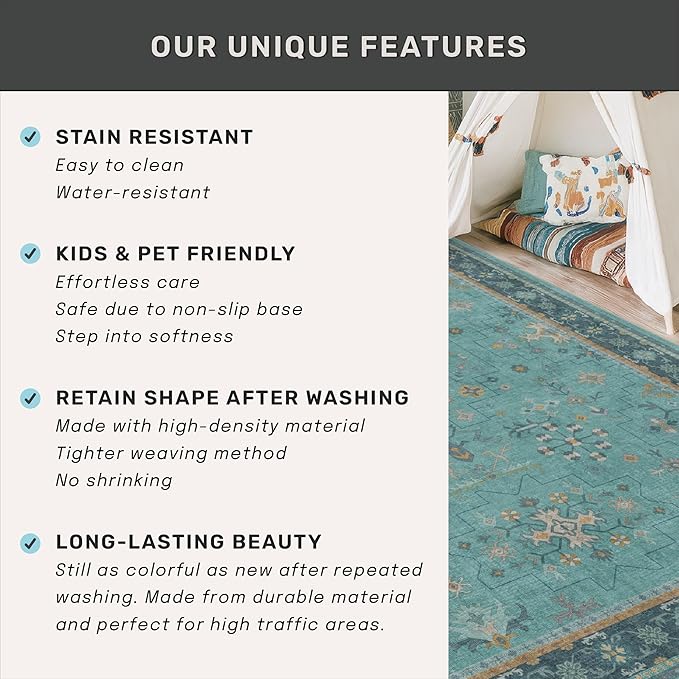 Teal 4x6 Rugs for Entryway Indoor - Vintage Non Slip Throw Rug for Large Kitchen, Bedroom, Boho Turquoise Modern Décor - Geometric Floral Design, Low Pile Stain Resistant Carpet