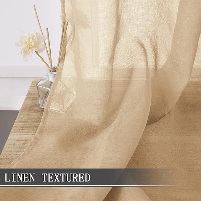 Tollpiz Sheer Curtains Linen Textured Bedroom Curtain Sheers Light Filtering Rod Pocket Voile Curtains for Living Room, 54 x 84 inches Long, Beige, Set of 2 Panels