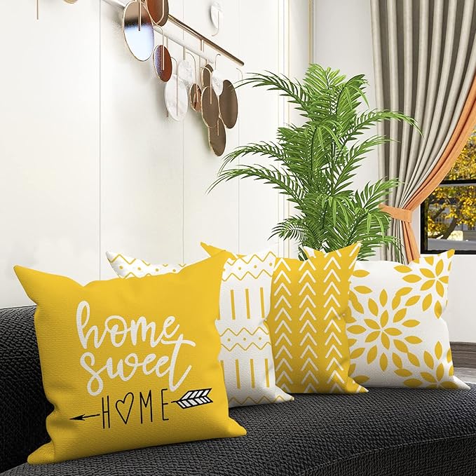 YCOLL Pillow Covers 20x20 Set of 4, Modern Sofa Throw Pillow Cover, Decorative Outdoor Linen Pillow Covers Set of 4 for Couch Sofa Bed and Car, Yellow