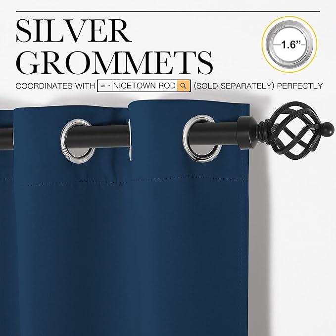 NICETOWN Blackout Curtains & Drapes for Bedroom, Moroccan Blue, W34 x L40, Set of 2, Triple Weave Grommet Top Thermal Insulated Light Blocking Panels for Bathroom/Living Room