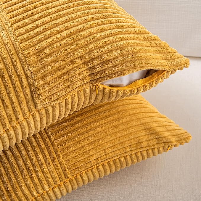 Fancy Homi 2 Packs Gold Yellow Lumbar Decorative Throw Pillow Covers 12x20 Inch for Couch Bed Sofa, Rustic Farmhouse Boho Spring Home Decor, Soft Striped Corduroy Rectangle Accent Cushion Case 30x50cm