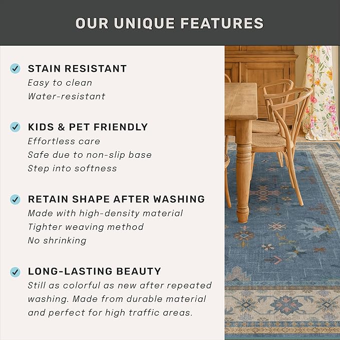Hazo Haus Blue Big Rugs for Living Room - Dusty Blue 10x14 Area Rug for Large Bedroom, Dining Room, Washable Lightweight Low Pile Foldable Eclectic Modern Floral Home Décor