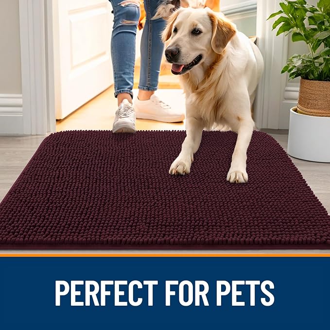 OLANLY Dog Door Mat for Muddy Paws 47x32, Absorbs Moisture and Dirt, Absorbent Non-Slip Washable Doormat, Quick Dry Chenille Mud Mat for Dogs, Entry Indoor Entryway Carpet for Inside Floor, Russet