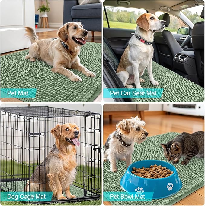 OLANLY Dog Door Mat for Muddy Paws 47x24, Absorbs Moisture and Dirt, Absorbent Non-Slip Washable Doormat, Quick Dry Chenille Mud Mat, Entry Indoor Entryway Carpet for Inside Floor, Olive Green