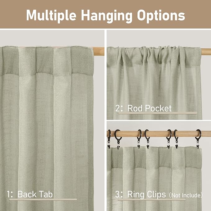 LAMIT Sage Grey Sheer Linen Curtains, 108 inch Light Filtering Semi Sheer Panels Back Tab and Rod Pocket Farmhouse Rust Drapes for Bedroom/Living Room, 2 Panels, 52 x 108 Inch