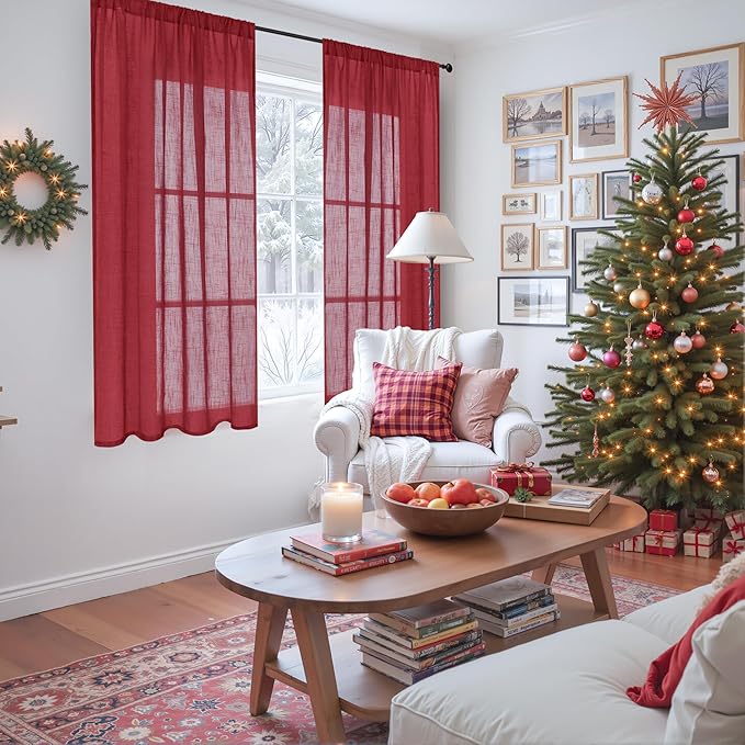 BGment Burgundy Linen Curtains 45 Inch Length for Short Kitchen Window, Rod Pocket Semi Sheer Drapes for Office Cafe Bathroom Decor Rustic Textured Lightweight Christmas, 2 Panels, Each 42 Inch Wide