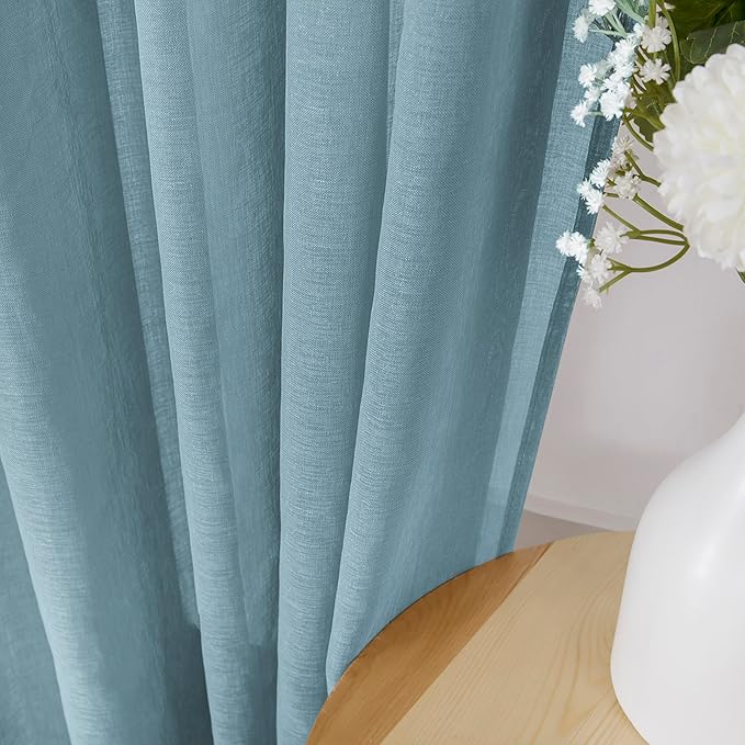Tollpiz Short Sheer Curtains Linen Textured Bedroom Curtain Sheers Light Filtering Rod Pocket Voile Curtains for Living Room, 54 x 45 inches Long, Dusty Blue, Set of 2 Panels