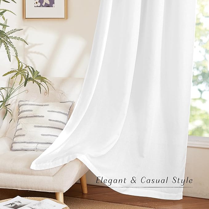 NICETOWN Linen Flax Semi Sheer Curtains 94" Length, Grommet Window Treatments Privacy Added with Light Penetration Vertical Drapes for Loft/Home Office, White, W55 x L94, 2 Panels
