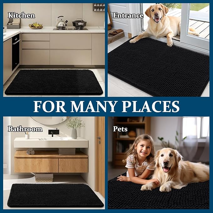 OLANLY Dog Door Mat for Muddy Paws 44x24, Absorbs Moisture and Dirt, Absorbent Non-Slip Washable Doormat, Quick Dry Chenille Mud Mat for Dogs, Entry Indoor Entryway Carpet for Inside Floor, Black
