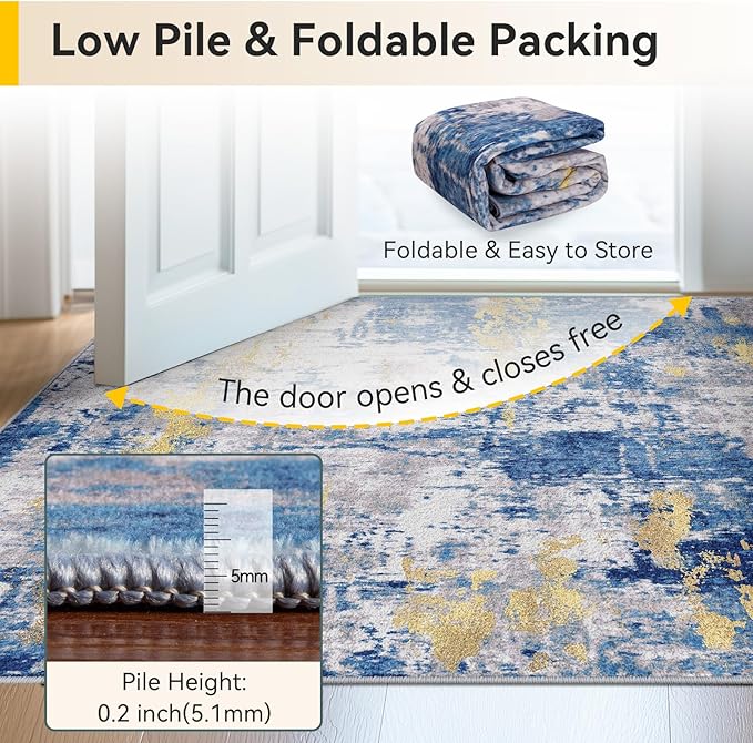 Washable Area Rugs 2x9 Non-Slip Modern Abstract Soft for Living Room Entryway Bedroom Nursery, Print Pattern, Grey Blue Gold/Golden