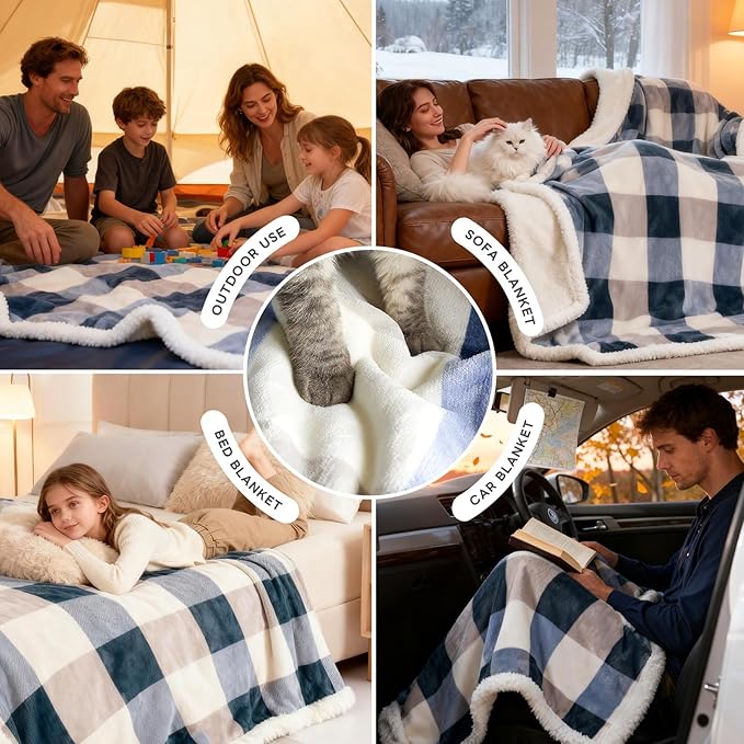 PU MEI Sherpa Fleece Throw Blanket 60" x 80" Reversible Plush Fluffy Large Big Blanket Lattice Flannel Blankets for Sofa Couch Bed (Grey-Soft Blue, 60"*80")
