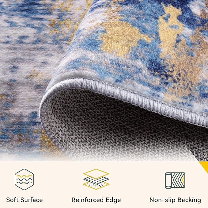Washable Area Rugs 3x12 Non-Slip Modern Abstract Soft for Living Room Entryway Bedroom Nursery, Print Pattern, Grey Blue Gold/Golden
