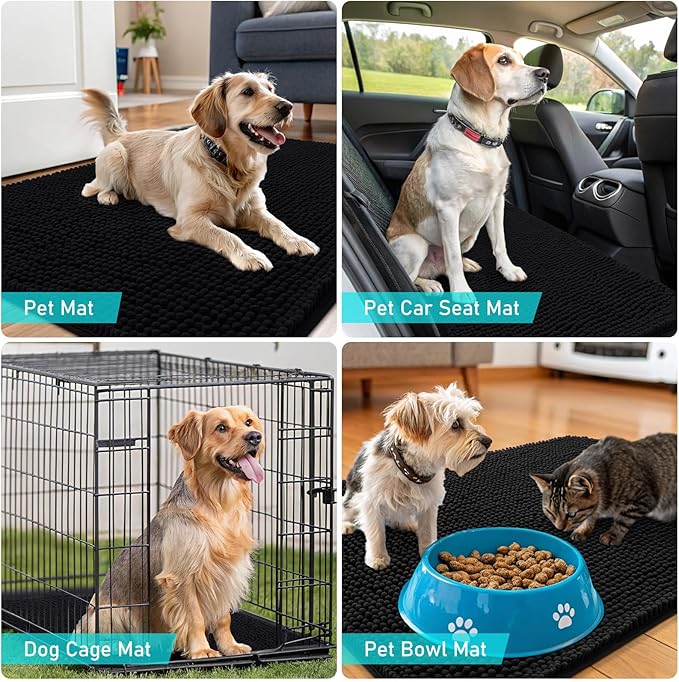 OLANLY Dog Door Mat for Muddy Paws 47x32, Absorbs Moisture and Dirt, Absorbent Non-Slip Washable Doormat, Quick Dry Chenille Mud Mat for Dogs, Entry Indoor Entryway Carpet for Inside Floor, Black
