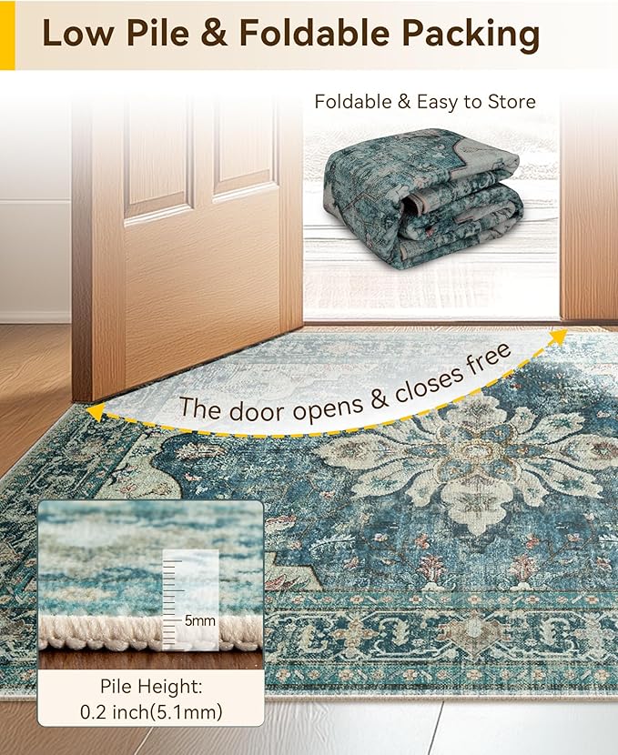 Area Rugs 2'x8' Runner Rug Non Slip Washable for Kitchen Hallway Bedroom Beside Laundry Room Bathroom Rug, Floor Carpet, Dark Blue Vintage