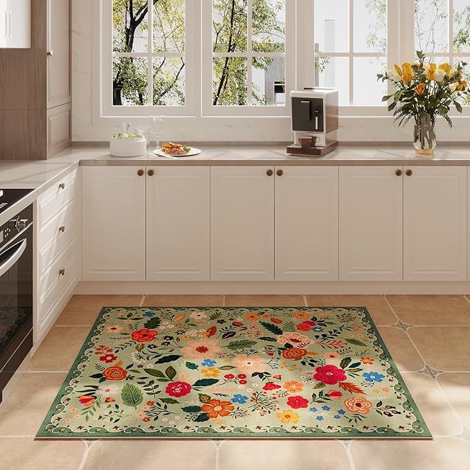 Rugcomf Door Mat Indoor Entrance 2x3 Rug Machine Washable Boho Floral Small Area Rug Non-Slip Low Pile Throw Rugs for Entryway, Kitchen, Front Door Indoor Entrance, Entry, Kids Room (Green)