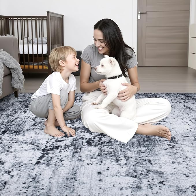 5x7 Area Rug Living Room Rug: Washable Modern Abstract Soft Thin Rug Indoor Floor No Slip Stain Resistant Carpet for Bedroom Dining Room Farmhouse Nursery Home Office - Black
