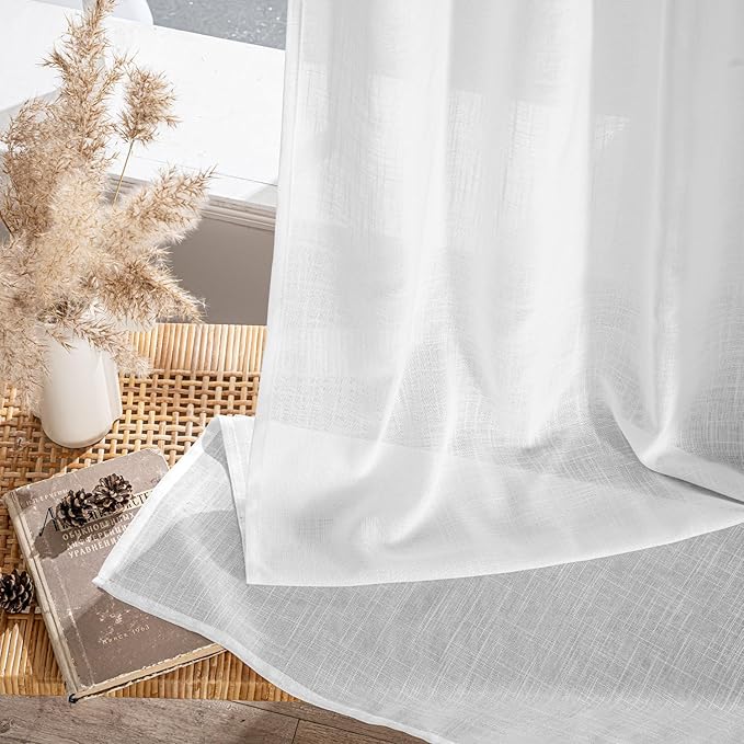 MIULEE White Linen Curtains 90 Inch Long 2 Panels for Bedroom Living Room, Soft Thick Linen Textured Back Tab Window Drapes Semi Sheer Light Filtering Rod Pocket Modern Farmhouse Decor