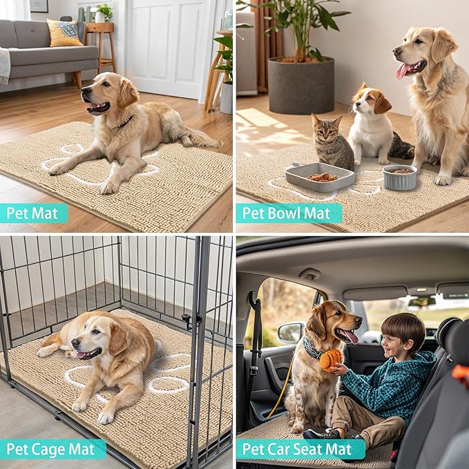 Smiry Dog Door Mat for Muddy Paws, Absorbent Dirt Trapper Non Slip Quick Dry Washable Chenille Mat for Mud Dogs, Entry Rug for Indoor and Outdoor (71x46 Inches, Beige and White)
