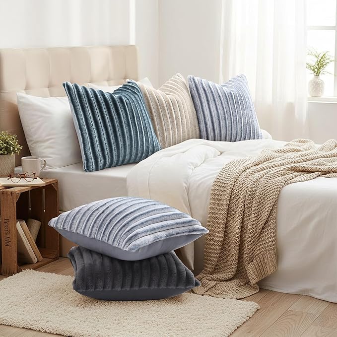 decorUhome Cozy Faux Fur Throw Pillow Covers 12x20 Set of 2 Decorative Soft Plush Striped Lumbar Modern Farmhouse Boho Couch Pillow Cases with Velvet Back for Sofa Bed Living Room, Dark Grey