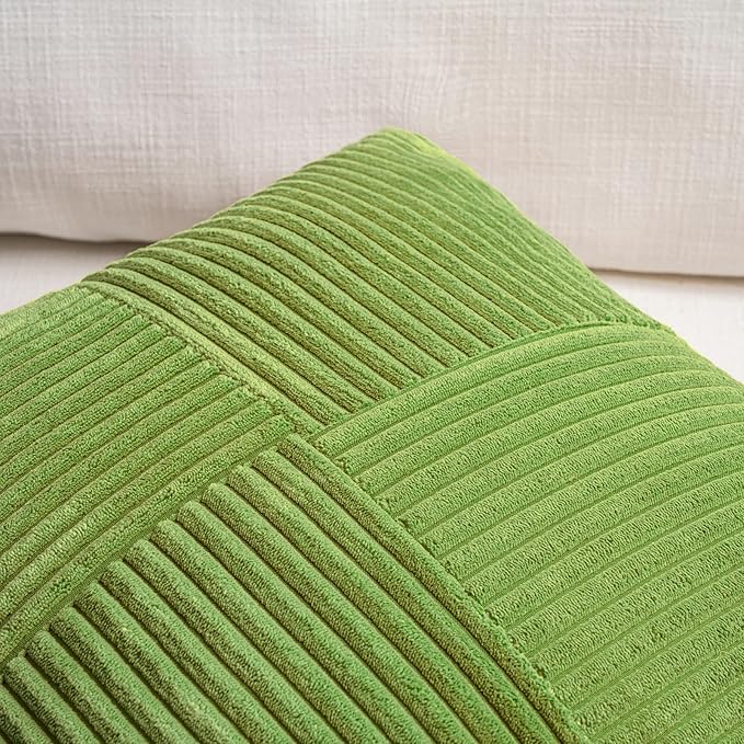 Fancy Homi Set of 2 Lime Green Decorative Throw Pillow Covers 16x16 Inch for Living Room Couch Bed, Modern Farmhouse Boho Home Decor, Soft Striped Corduroy Textured Square Cushion Case 40x40 cm
