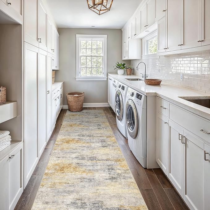 2'6''x16' Washable Kitchen Runner Rug: Modern Abstract Runners for Hallway Soft Non Slip Rugs with Rubber Backing Low Pile Thin Floor Carpet for Entryway Bedroom Bathroom Indoor(Grey/Yellow,2'6''x16')