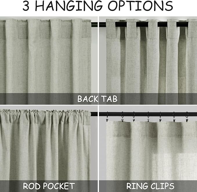 Nanspring Sage Green Curtains 92 Inch Length 2 Panels Back Tab Pocket Light Filtering Semi Sheer Drapes Linen Cotton Textured Airy Farmhouse Sage Living Room Decor Light Green Curtains for Bedroom