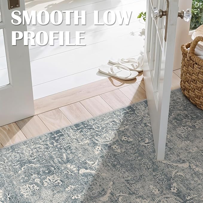 Washable 3x8 Runner Rug - Non-Slip Vintage Runner Rug for Entryway Low-Pile Medallion Long Rugs for Hallway Waterproof Traditional Runner Rug Indoor Thin Rug for Kitchen (Muted Blue)