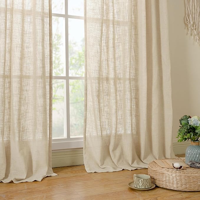 LAMIT Small Window Linen Curtains 45 Inches Long, Semi Sheer Light Filtering Panels Back Tab and Rod Pocket Cafe Drapes for Basement/Window/Kitchen, Linen, 2 Panels, 34 x 45 Inch