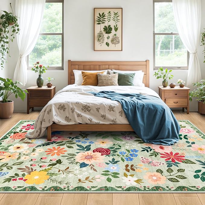 Area Rug Living Room Rugs: Floral 4x6 Washable Rug Vintage Soft Boho Non-Slip Carpet Indoor Floor Stain Resistant Large Carpets for Bedroom Dining Room Farmhouse Nursery Hallway Home Office Green