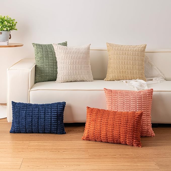 Pack of 2 Christmas Green Corduroy Decorative Throw Pillow Covers 18x18 InchSoft Boho Striped Pillow Covers Modern Farmhouse Home Decor for Sofa Living Room Couch Bed（Blackish Green）