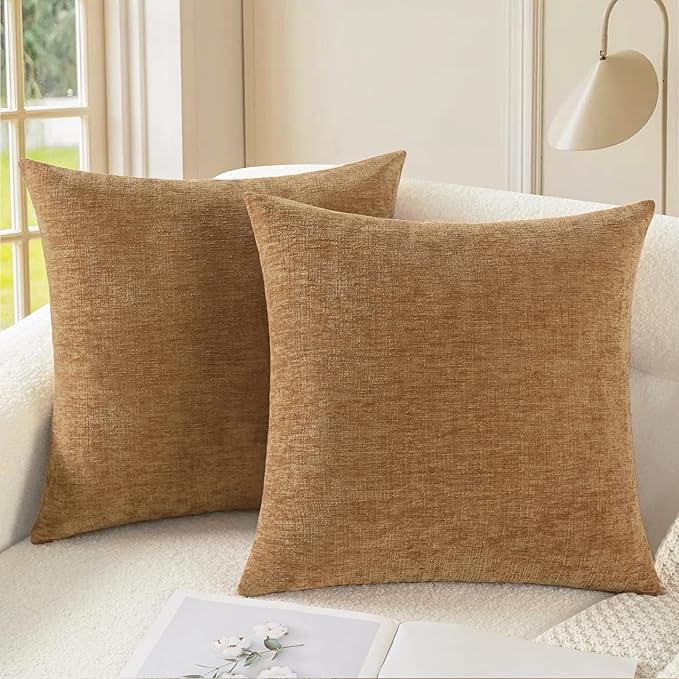 CaliTime Throw Pillow Covers Decorative 24 X 24 Inches Pack of 2 Cozy Chenille Cushion Cases for Couch Sofa Bed Living Room Home Apricot Brown