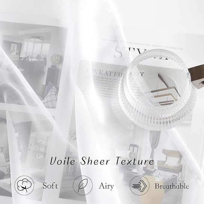 NICETOWN Sheer White Sliding Door Curtains for Bedroom, Grommet Elegant Soft Voile Sheer Textured Airy & Breathable Window Treatments for Patio Door/French Door, W66 x L96, 2 Panels