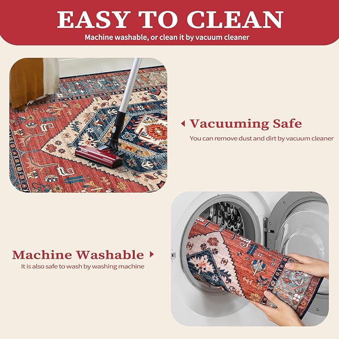SERISSA Area Rug 3x5 Boho Rugs for Bedroom, Washable Non-Slip Kitchen Rugs, Ultra Soft Print Distressed Tribal Rust Rug Low-Pile Throw Rug Carpet for Entry Bedroom Nursery Living Room Dorm Decor