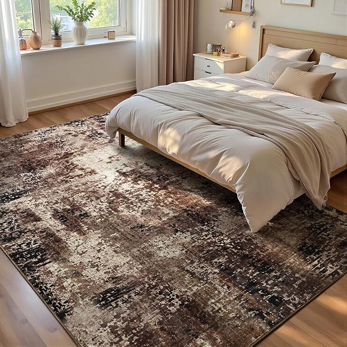 Ompaa Living Room Rug 5x7 Brown Area Rug Machine Washable Boho Coffee Rug Non Slip Abstract Vintage Indoor Large Rugs for Bedroom, Classroom, College Dorm, Farmhouse, Dining Room, Kids Playroom