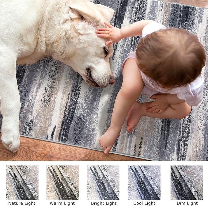 Lansny Modern Abstract Bedroom Runner Rug 2x7, Grey Black Multi Washable Kitchen Runner, Non-Slip Soft Thin Faux Wool Mat for Entryway, Hallway, Laundry Room, Indoor Home Decor