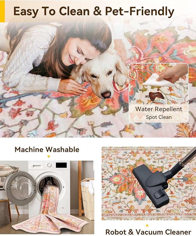 Area Rugs 8'x10' Washable Non-Slip, Floral Vintage Distress Print Pattern Medallion Carpet for Living Room Bedroom Dining Room, Light Pink Colorful