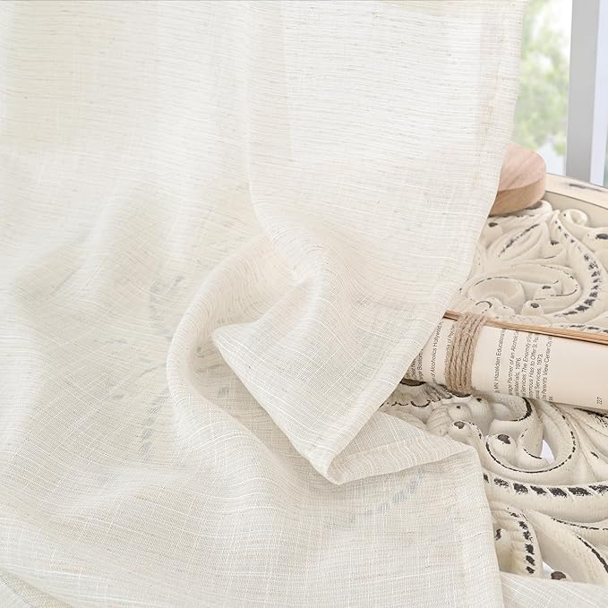 BGment 48 Inch Length Natural Linen Curtains for Short Living Room Window - Ivory Semi Sheer Textured Drapes Light Filtering with Rod Pocket for Bathroom Bedroom Lightweight, 2 Panels, 42 X 48 Inch