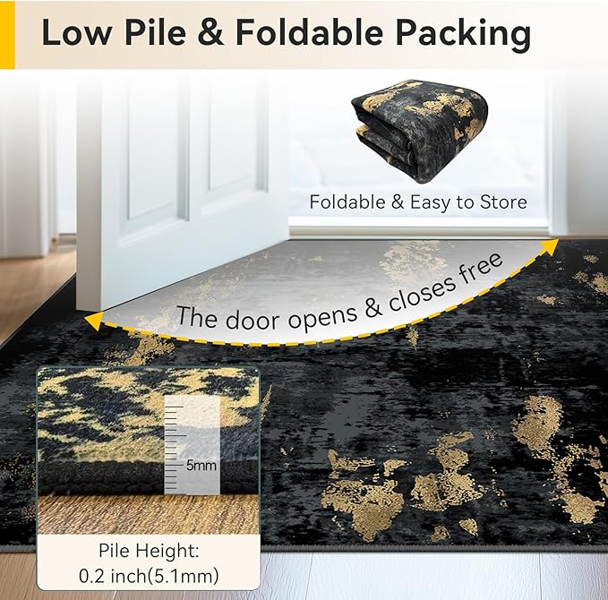 Washable Area Rugs 2x9 Non-Slip Modern Abstract Soft for Living Room Entryway Bedroom Nursery, Print Pattern, Dark Black Gold