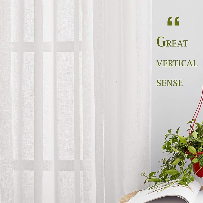 NICETOWN Linen Sheer Short Curtains 48 inch Length 2 Panels for Kitchen, Grommet Semi Sheer Small Curtains & Drapes Privacy with Light Filtering for Nursery, White, W36 x L48, 2 Pieces