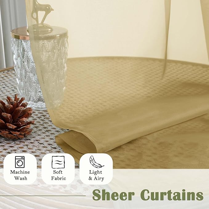 Lecloud Gold Sheer Curtains 90 Inches Long 2 Panels Set, Living Room Curtains for Bedroom Decor Dual Rod Pocket, Farmhouse Airy Light Filtering Solid Dining Room Drapes, Each Panel 59" W x 90" L