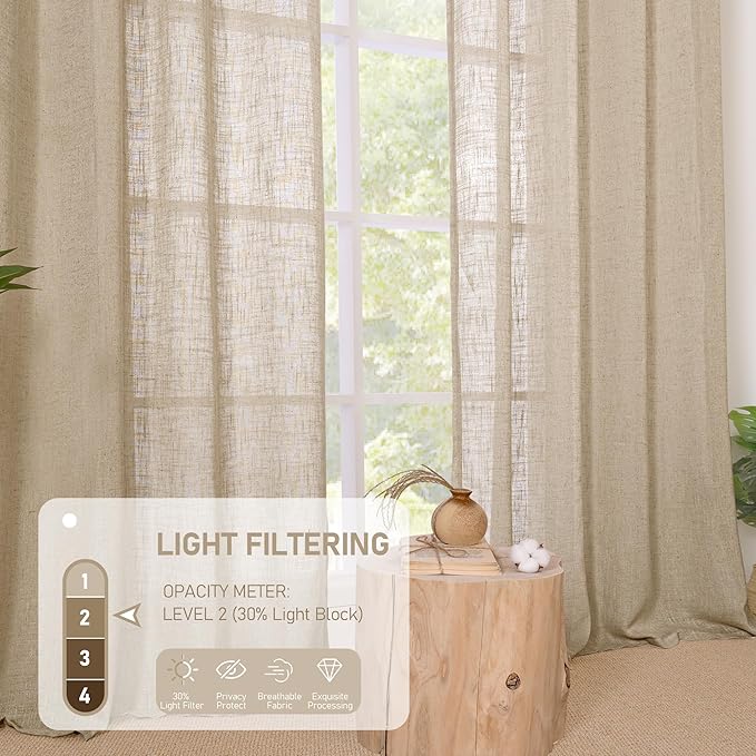 LAMIT Brown Linen Curtains 90 inch for Bedroom, Soft Thick Light Filtering Boho Window Textured Burlap Drapes with Bronze Grommet for Living Room Farmhouse, 2 Panels Set, 52 x 90 Inch