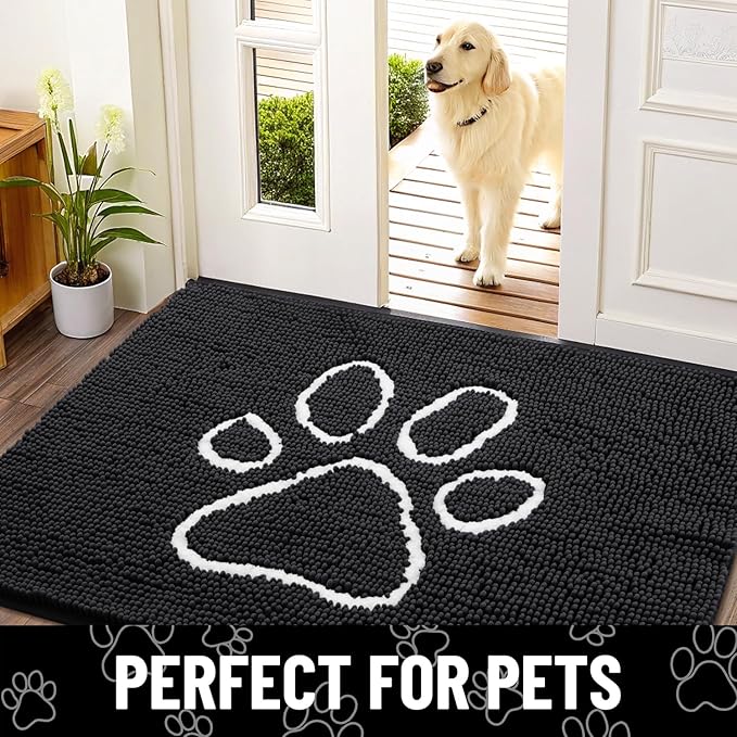 Smiry Dog Door Mat for Muddy Paws, Absorbent Dirt Trapper Non Slip Quick Dry Washable Chenille Mat for Mud Dogs, Entry Rug for Indoor and Outdoor (47x24 Inches, Black and White)