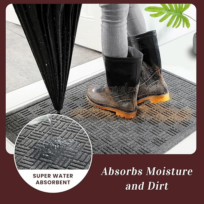 Mibao Front Door Mat Indoor Outdoor Entrance, Dirt Trapping Waterproof All-Season, All-Weather Doormat, Non-Slip Durable Natural Rubber Low Profile Easy Clean Patio Entrance Mat, 29.5" x 17", Grey